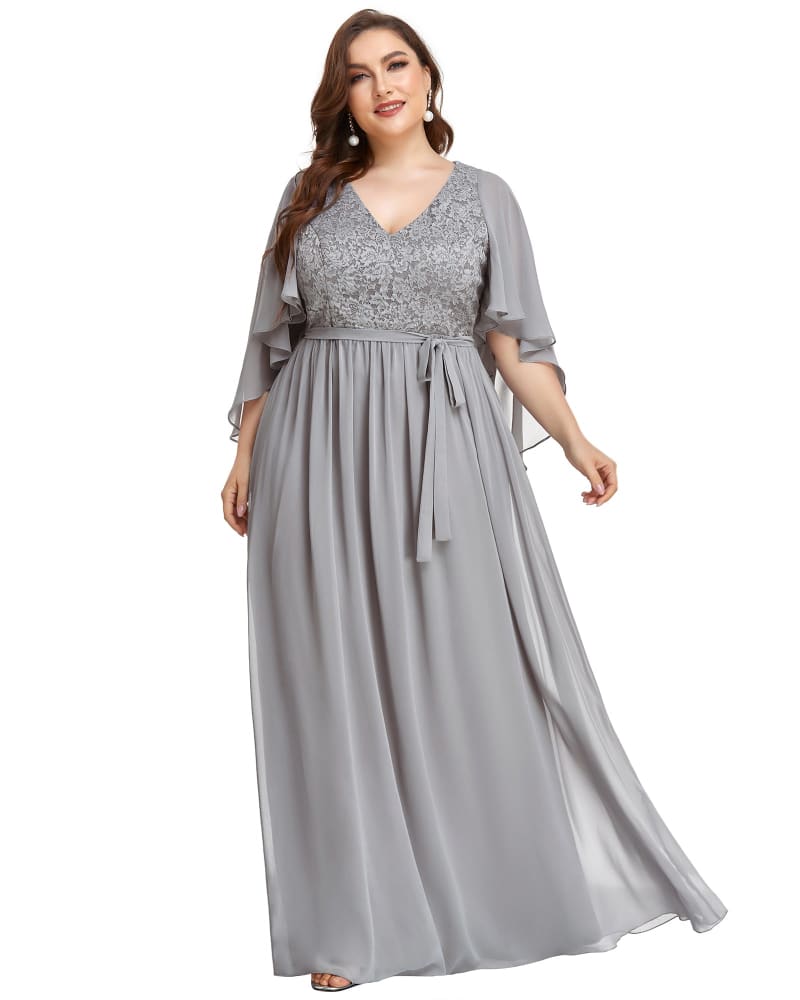 Front of a model wearing a size 18 Deep V Neck Lace Bodice Long Flowy Evening Dress in Grey by Ever-Pretty. | dia_product_style_image_id:304682